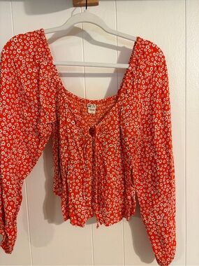 Billabong Red Floral Tie-Front Peasant Blouse